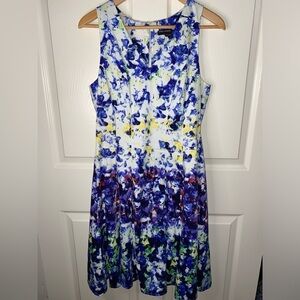 Maggy London Blue and Purple Floral Fit and Flare Midi Dress, Size 10